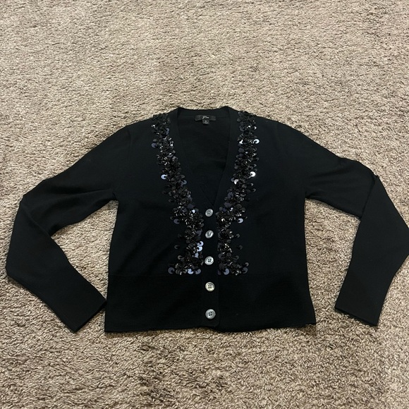 J. Crew Sequin Embellished Black Cardigan Merino Sweater Size Small - Picture 1 of 9